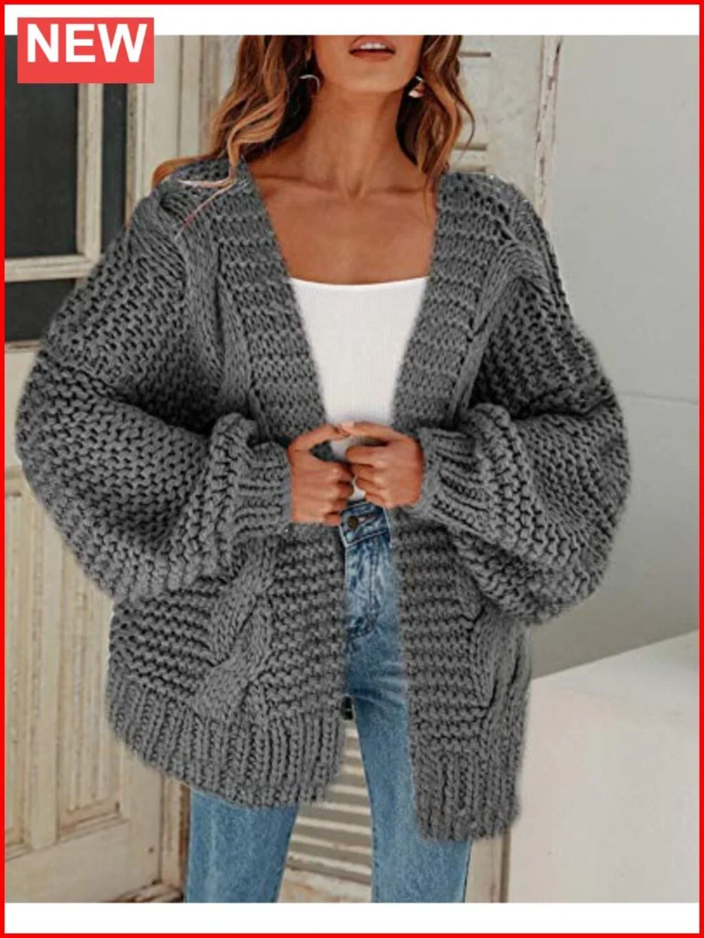 Open Front Chunky Knit Cardigan Loose Lantern Sleeve Oversized Sweater Coat